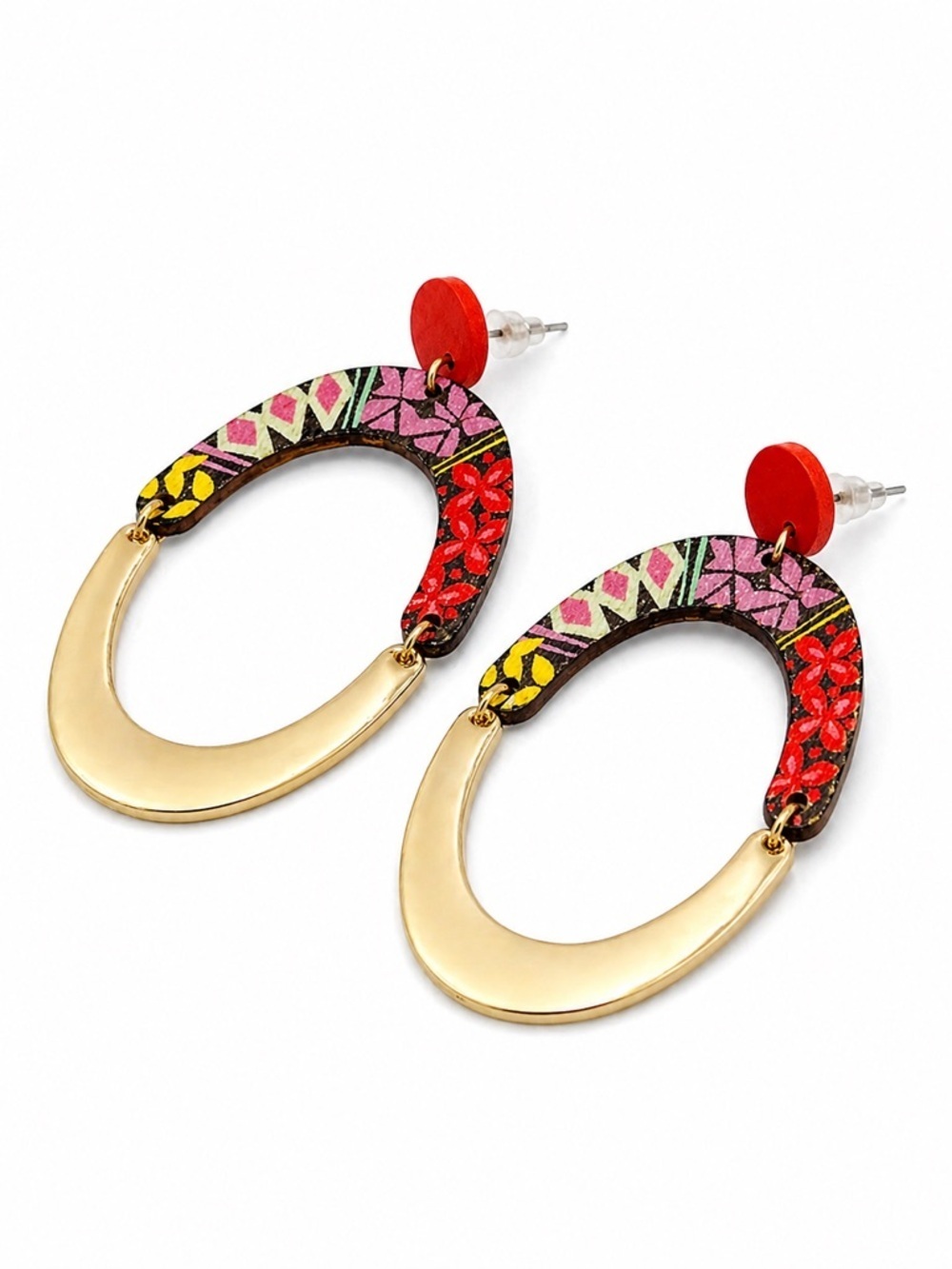 Boho Wooden & Gold Oval Drop Earrings Statement
